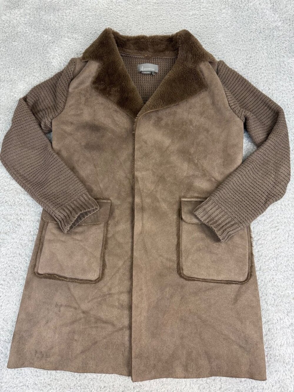 Anthropologie Sweater M Taupe Faux Suede Knit Long Coat W/Faux Shearling Collar - Picture 2 of 12